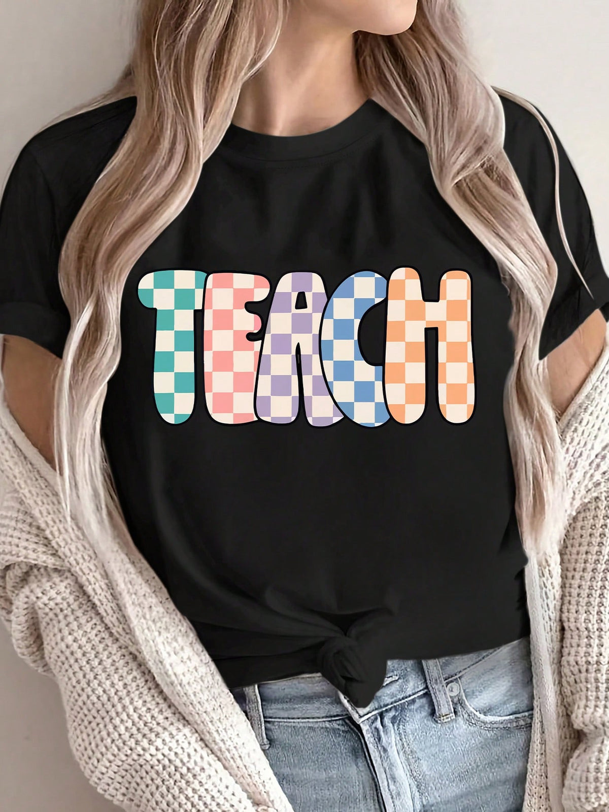 Women'S Colorful 'TEACH' Graphic Printed T-Shirt - Casual Short-Sleeve Round
