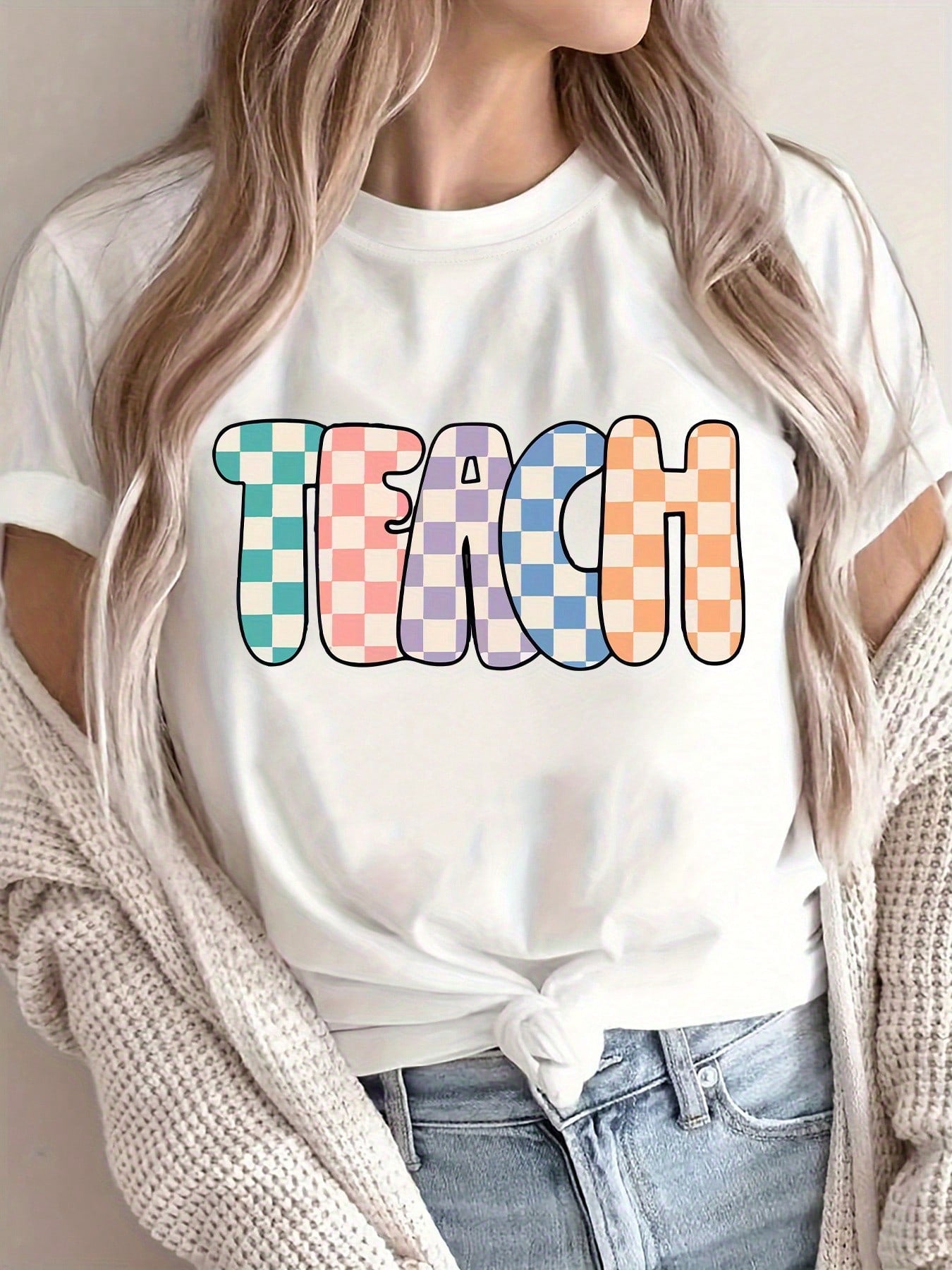 Women'S Colorful 'TEACH' Graphic Printed T-Shirt - Casual Short-Sleeve Round