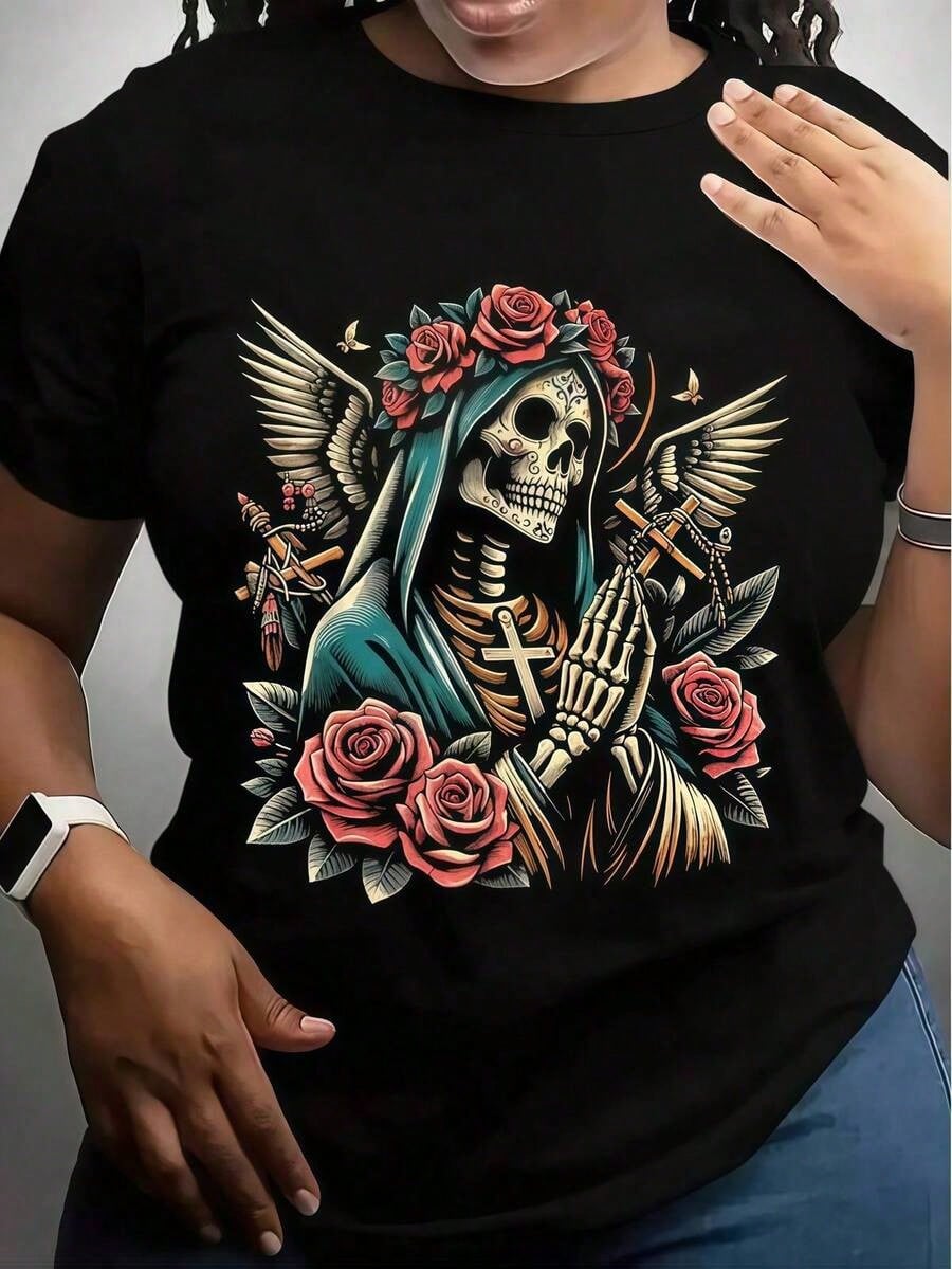 TShirt With Santa Muerte Skull Design, Interesting Design, Short-Sleeved For Men, Suitable For All Seasons