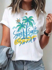 Women'S Tropical Palm Tree & Sun Salt Graphic T-Shirt - Short Sleeve Round Neck Summer Beachwear Top