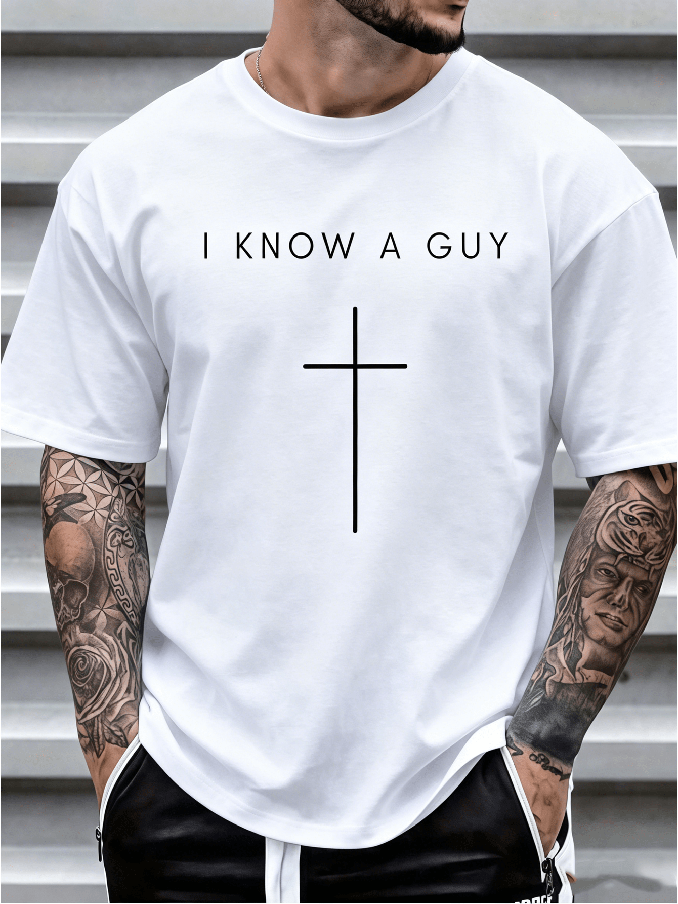 Men's Christian Graphic T-Shirt, I Know A Guy Cross Faith Print, Cotton Crew Neck Short Sleeve Inspirational Tee, Casual Religious Shirt for Everyday Wear