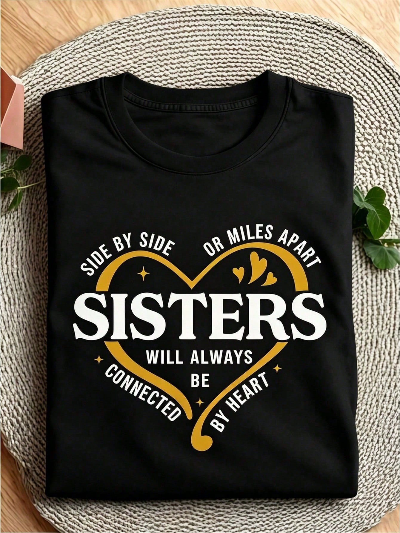 Women's Sisters Connected by Heart Graphic T-Shirt, Side by Side or Miles Apart Quote 100% Cotton Crew Neck Short Sleeve Tee, Thoughtful Gift for Sisters