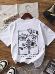 Women's Back Print Floral & Butterfly Graphic T‑Shirt, Be Happy Minimalist Line Art Crew Neck Short‑Sleeve Casual Aesthetic Cotton Tee for Daily Wear