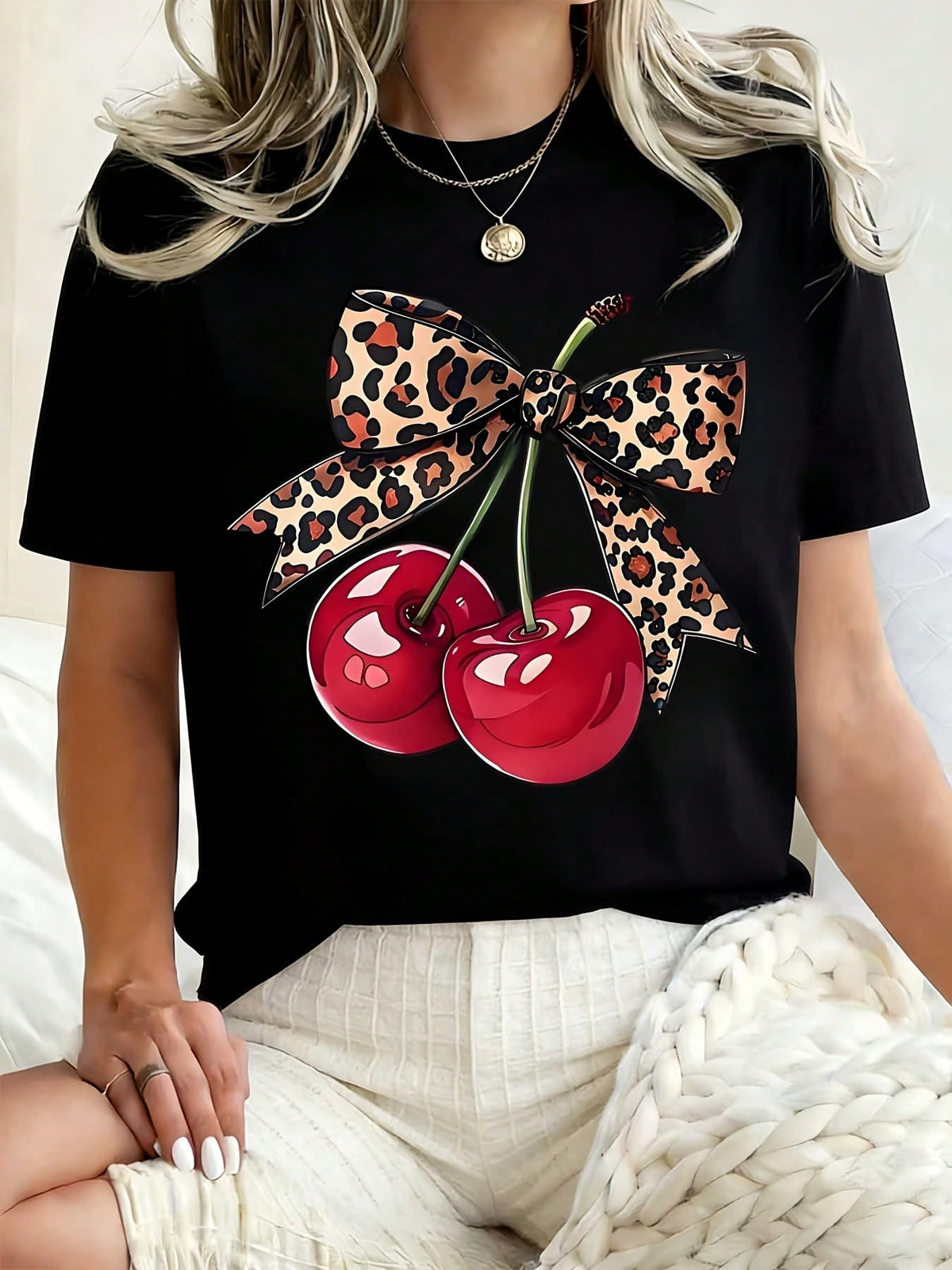 Women Round Neck T Shirt Cherry Leopard Bow Print Casual Summer Wear For Everyday And Holiday