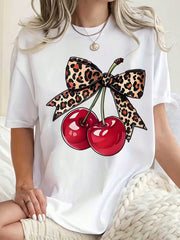 Women Round Neck T Shirt Cherry Leopard Bow Print Casual Summer Wear For Everyday And Holiday