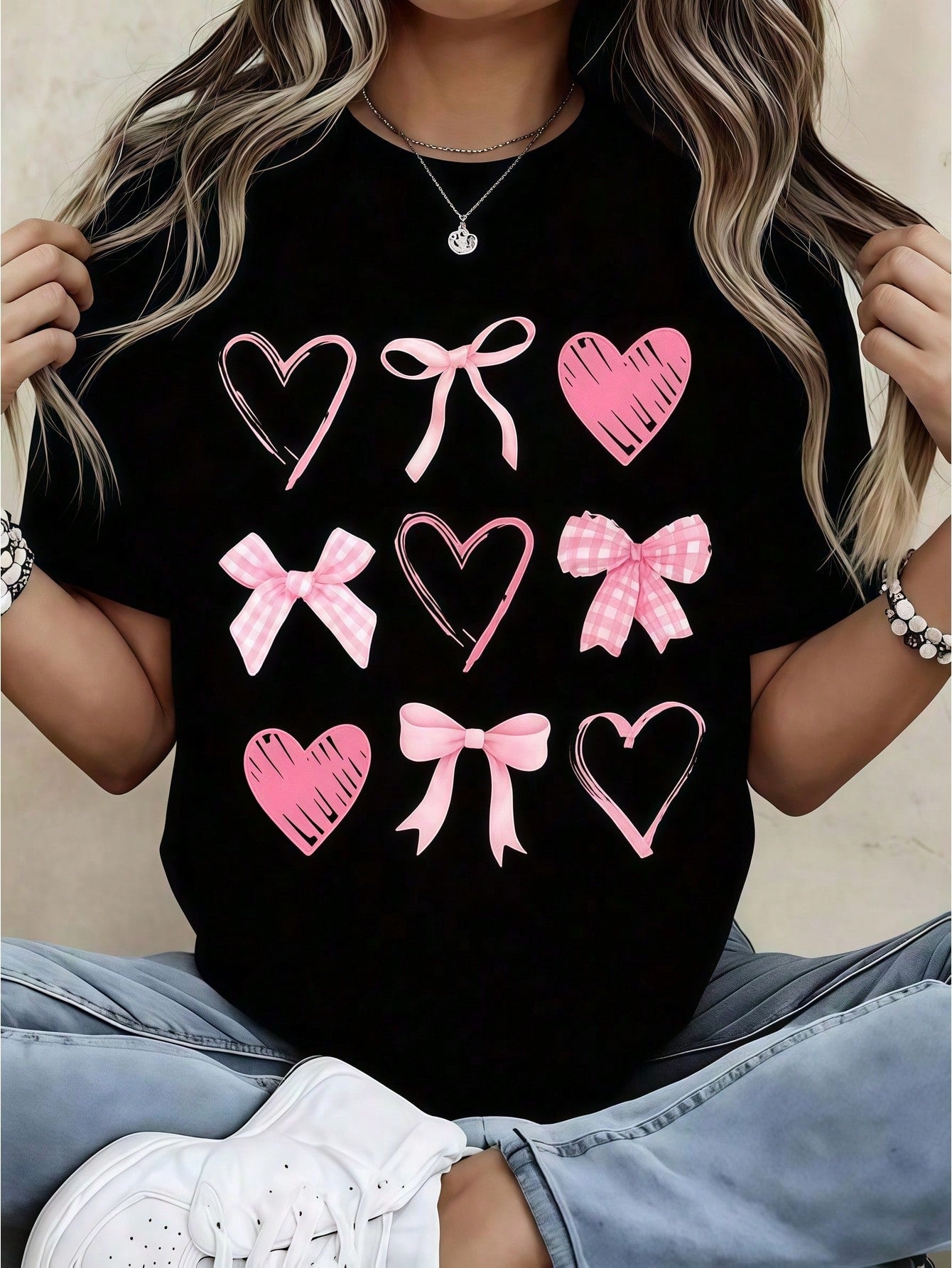 Coquette Bow And Heart T-Shirt Pink Gingham Valentine's Day Tee