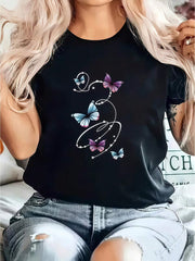 Gradient Purple Blue Butterflies Swirl Star Line Art Casual Everyday Short Sleeve Tee