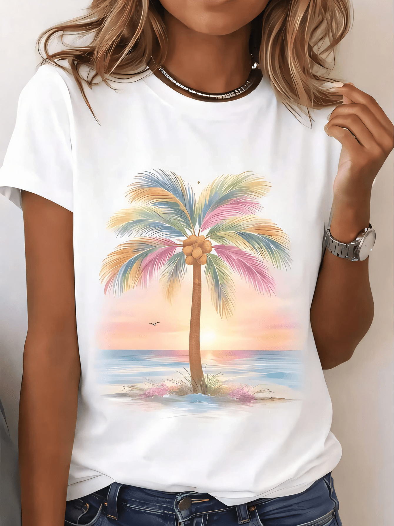 Women's Casual Round Neck Short Sleeve T-Shirt With Tropical Palm Tree Sunset Print Perfect For Summer Beach Outfits