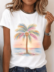 Women's Casual Round Neck Short Sleeve T-Shirt With Tropical Palm Tree Sunset Print Perfect For Summer Beach Outfits