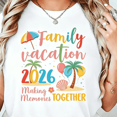 Mother'S Day Family Vacation 2026 Making Memories TOGETHER Letter Print Crew Neck Short Sleeve T-Shirt, 2026 Family Vacation Themed T-Shirt, Flip Flops Sun Slogan Decorated Casual Short Sleeve