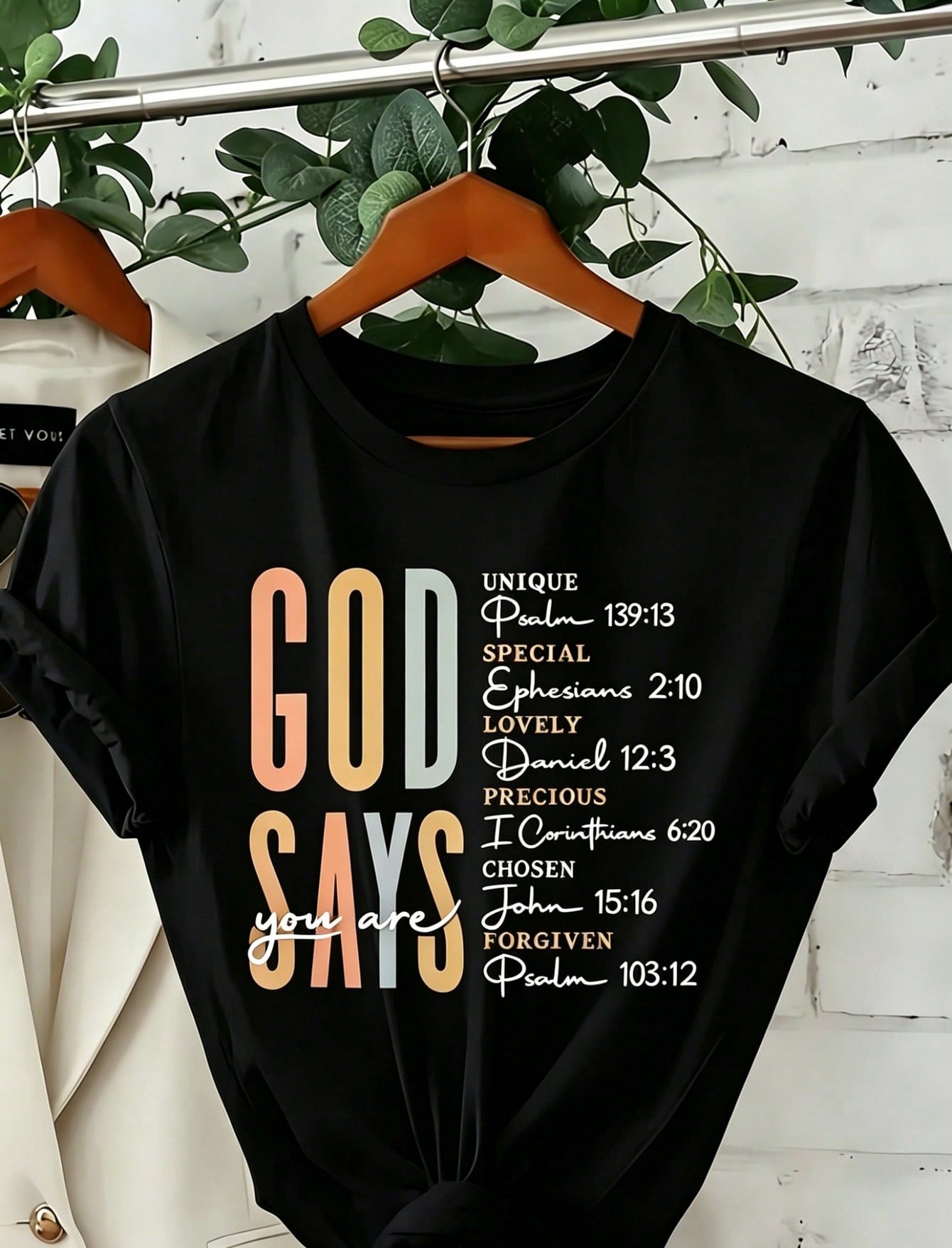 Women' God Says Bible Verse Print Black TShirt Crew Neck Casual Cotton Tee Medium Stretch Knit Fabric Regular Fit For Female Ladies