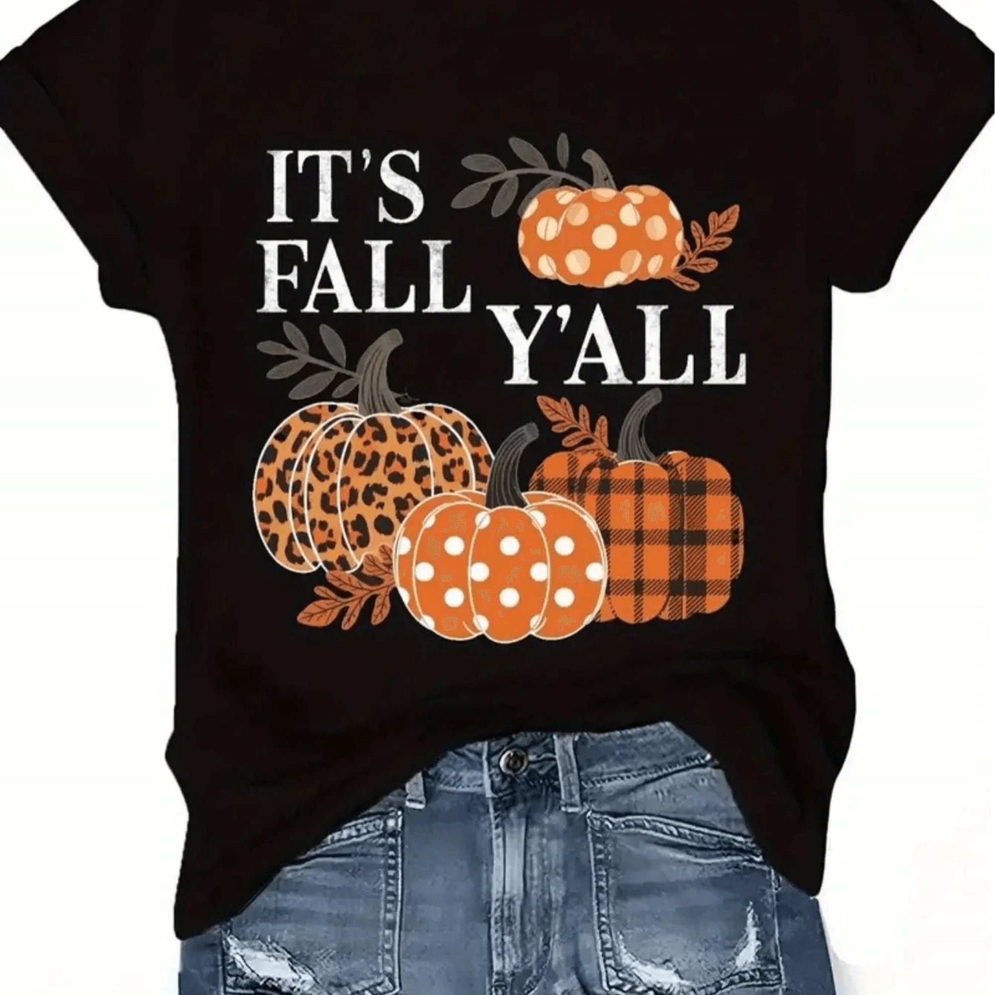 Vintage Country Fall Pumpkin Graphic Tee, Women It's Fall Y'all Leopard Plaid Print Lightweight Short Sleeve Top, Cute Autumn Thanksgiving Holiday Gift Shirt