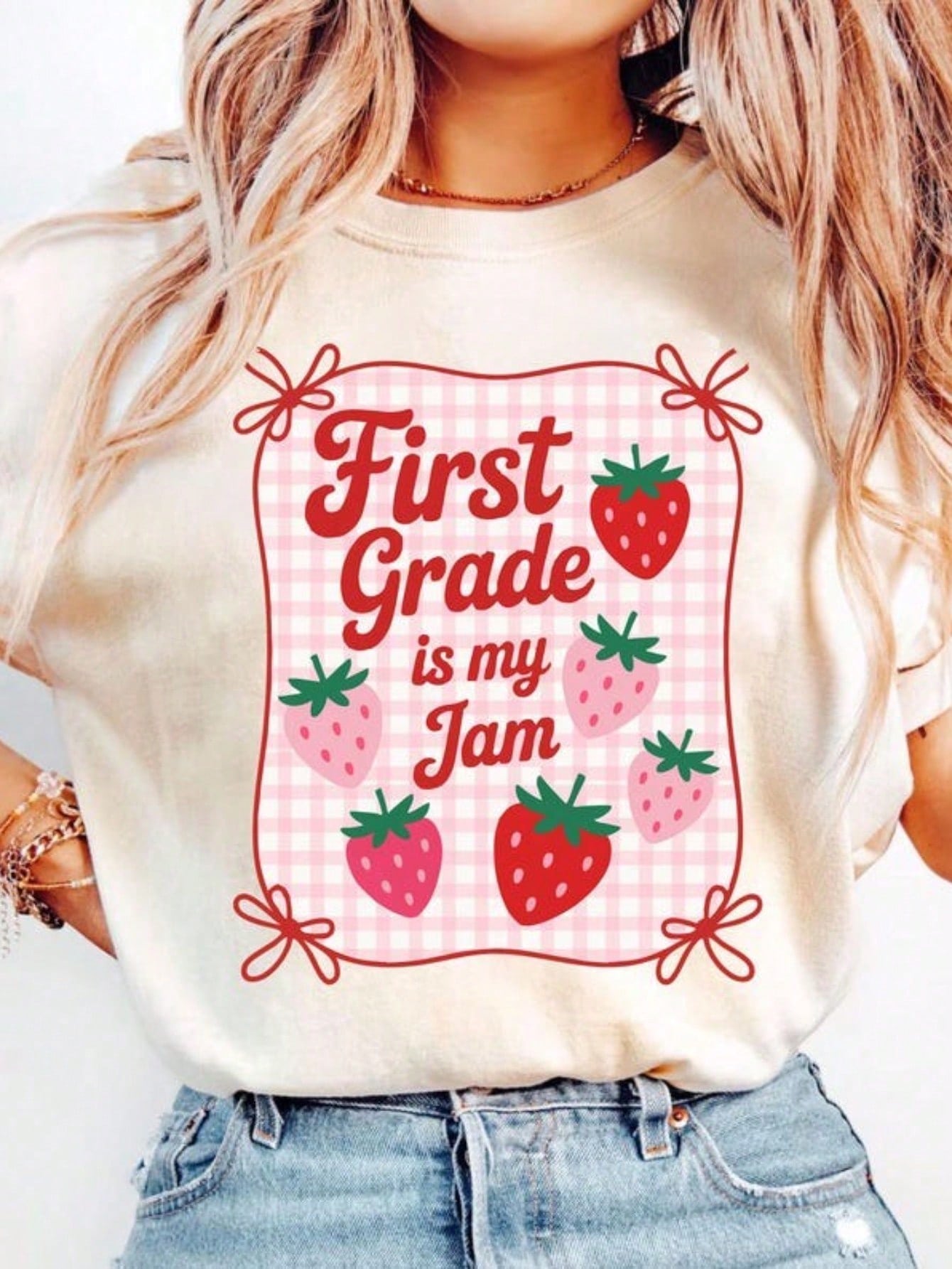 First Grade Is My Jam Graphic T‑Shirt for Women, Sweet Strawberry Plaid Casual Crewneck Short Sleeve Tee, Elementary Teacher Gift Top