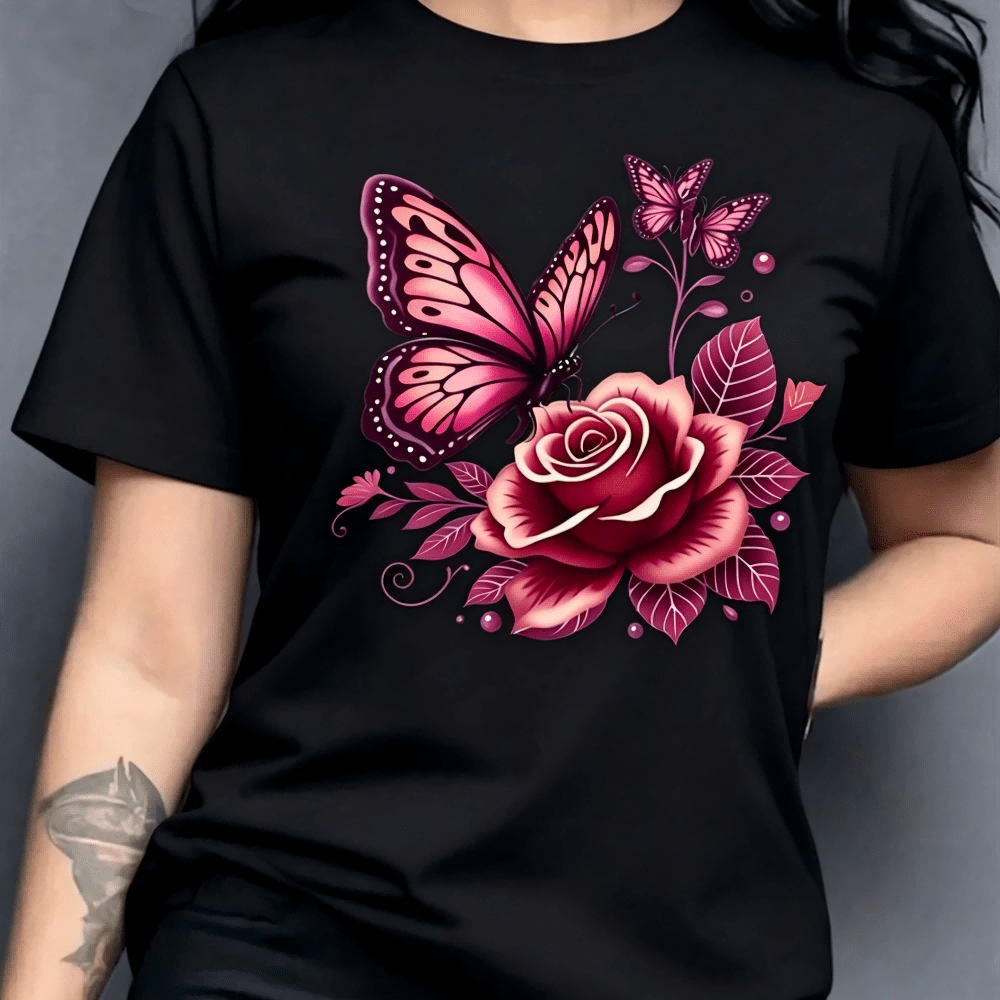 Short Sleeve TShirt Pink Butterfly Rose Floral Print Unisex Fit Casual, All-Season Blouse For Daily Wear, Pink & Burgundy