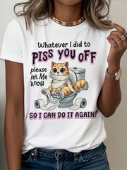Women'S Fun Cat Pattern T-Shirt - "What Did I Do To Make You Angry" Humorous Print, Round Neck Short Sleeve For Spring, Summer, And Autu