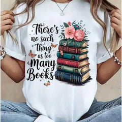 Women's T-Shirt, White Round Neck Top With Book Enthusiast Print Casual