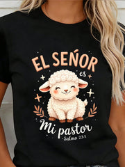 Cute Sheep And Bible Verse Design Women Round Neck T Shirt Loose Fit Comfortable For Daily Wear And Gift Giving Spring Summer Season Ideal
