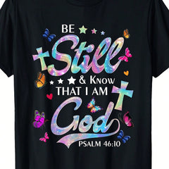 Women's Christian Faith T-Shirt, Psalm 46:10 Be Still and Know That I Am God Graphic Tee, Inspirational Religious Cross Butterfly Shirt, Casual Everyday Top
