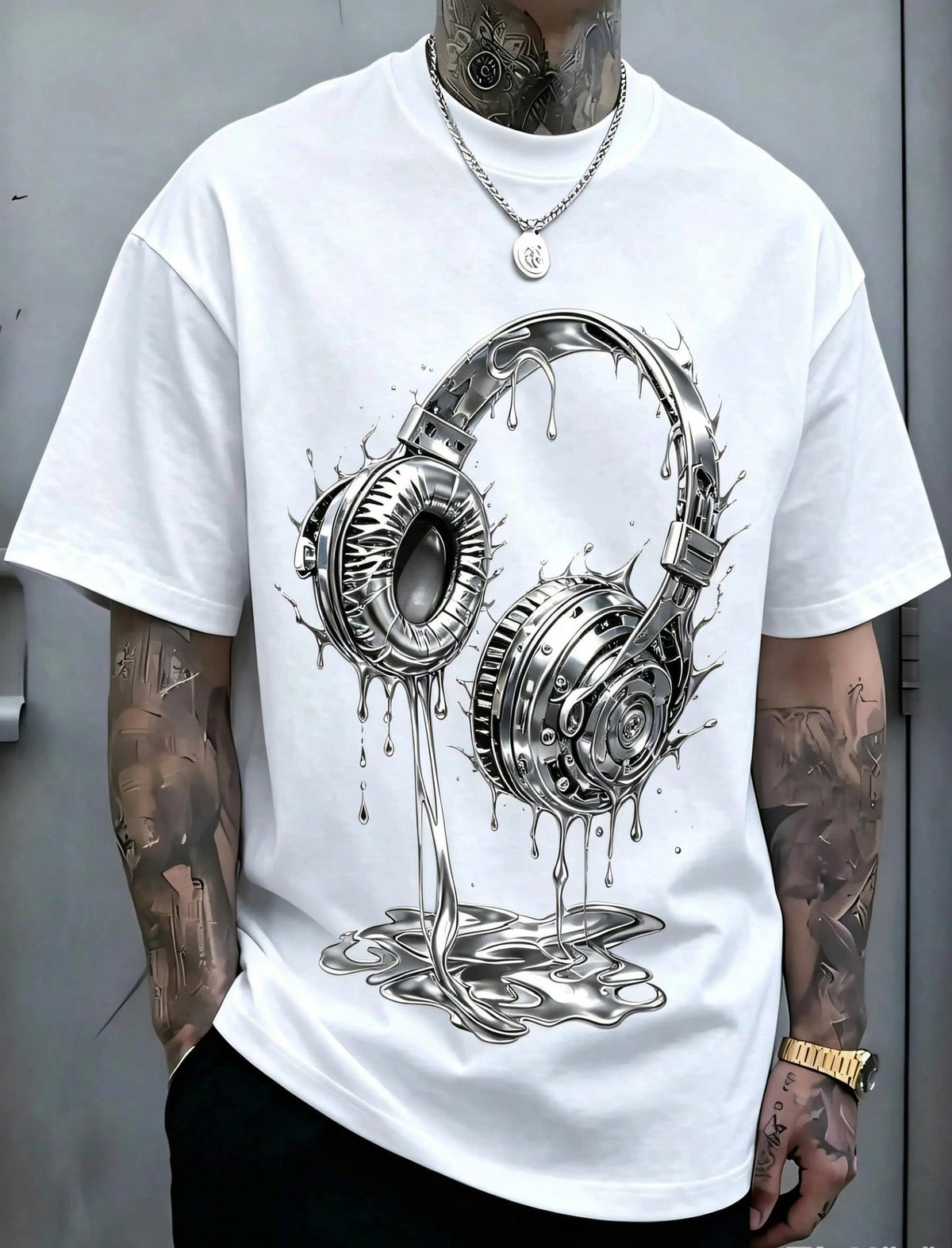 Man S' Metallic Headphone Splash Print White TShirt Crew Neck Casual Cotton Tee Medium Stretch Knit Fabric Regular Fit For Boys Man