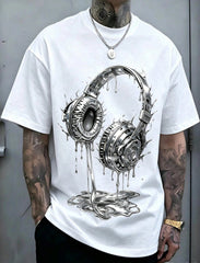 Man S' Metallic Headphone Splash Print White TShirt Crew Neck Casual Cotton Tee Medium Stretch Knit Fabric Regular Fit For Boys Man