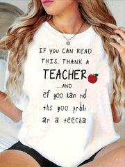 Women’s Funny Thank A Teacher Graphic T-Shirt, If You Can Read This Cute Apple Misspelled Humor Print Crew Neck Short Sleeve Tee, Soft Cotton Back To School Casual Teacher Appreciation Top