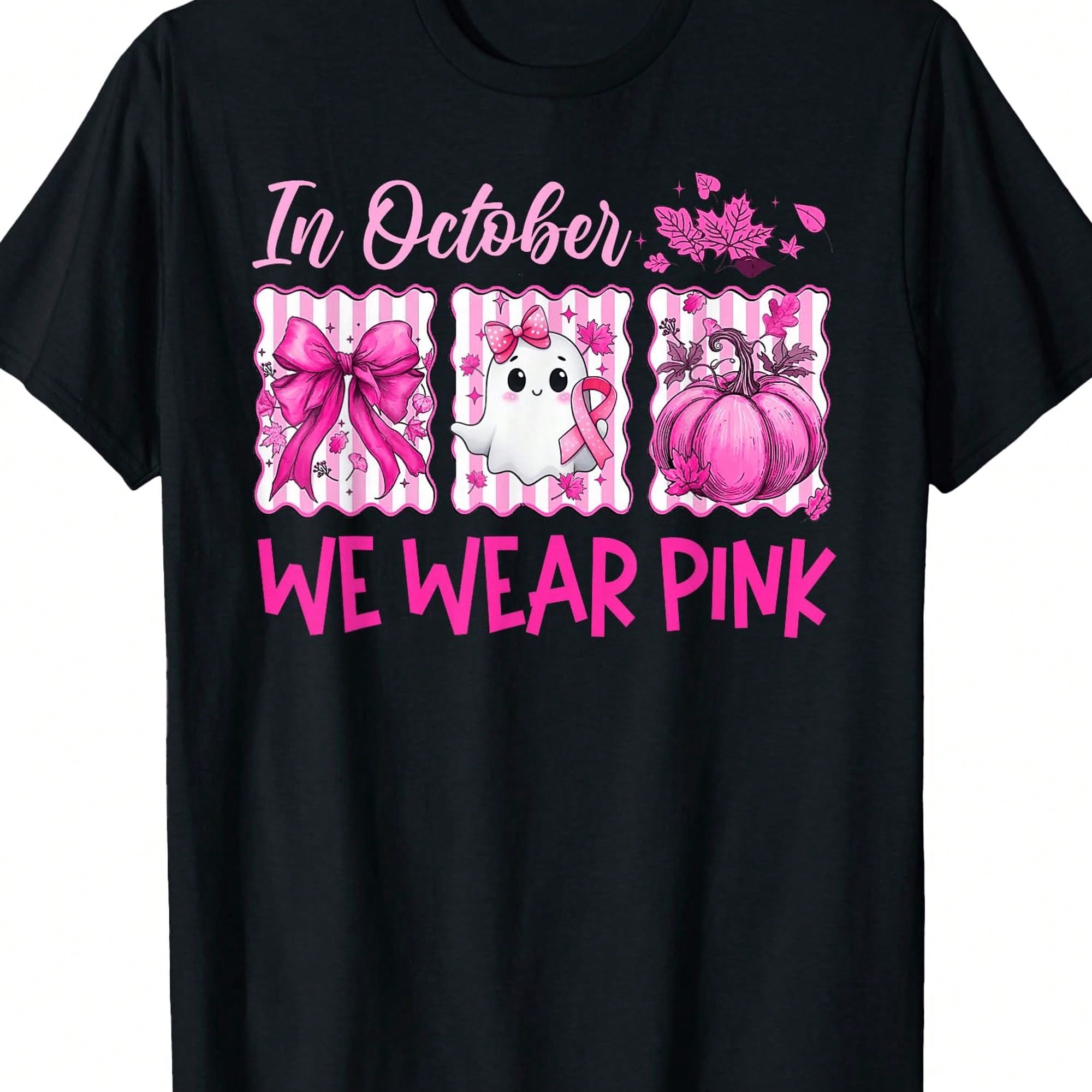 In October We Wear Pink Graphic T-Shirt for Women, Breast Cancer Awareness Halloween Tee, Pink Ribbon Ghost Pumpkin Graphic Shirt, Casual Crew Neck Short Sleeve Fall Support Top