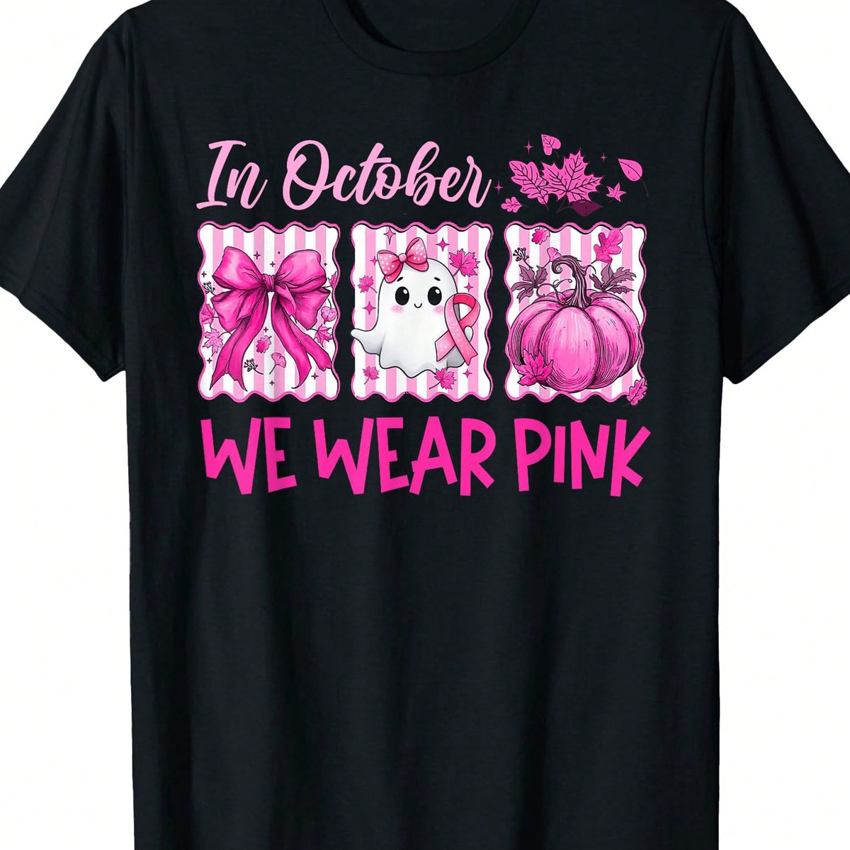In October We Wear Pink Graphic T-Shirt for Women, Breast Cancer Awareness Halloween Tee, Pink Ribbon Ghost Pumpkin Graphic Shirt, Casual Crew Neck Short Sleeve Fall Support Top