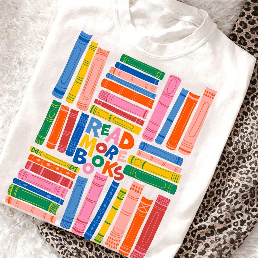 Book Lover T Shirt Women Colorful Stacked Books Graphic Tee Cute Librarian Bookworm Tshirt