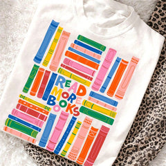 Book Lover T Shirt Women Colorful Stacked Books Graphic Tee Cute Librarian Bookworm Tshirt