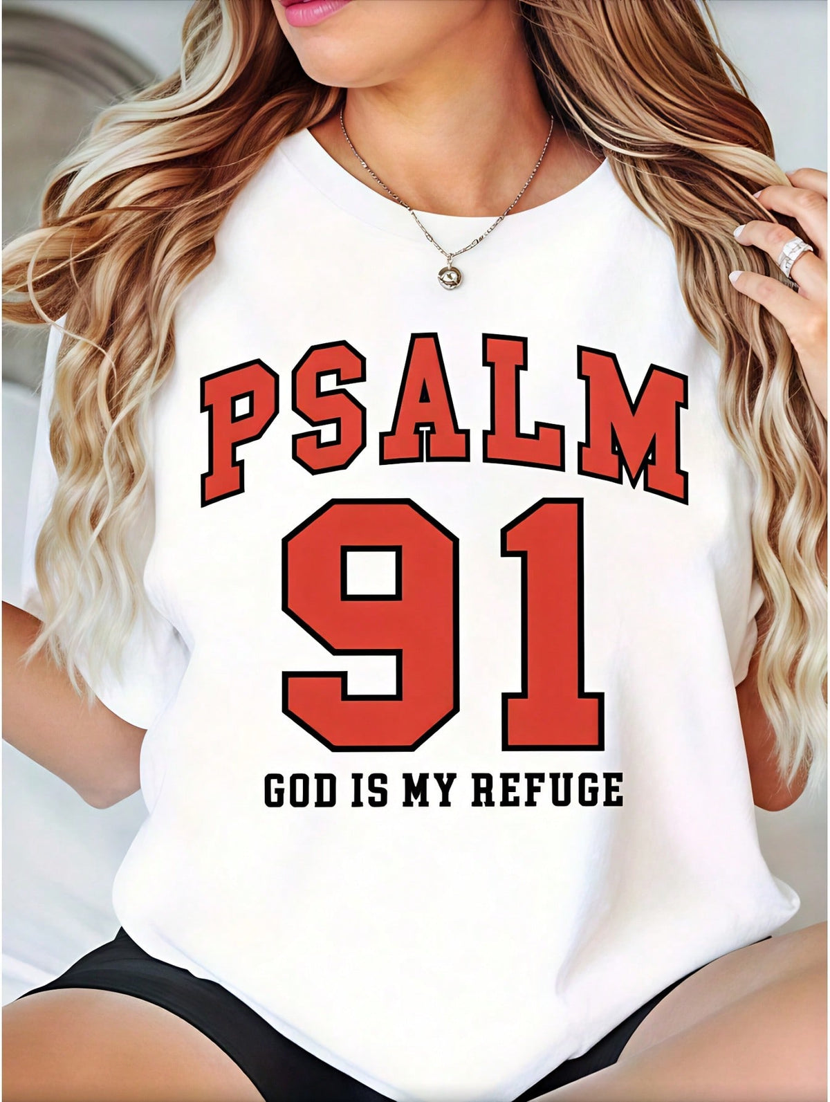 Women's Psalm 91 Christian T Shirt, God Is My Refuge Faith Graphic Tee, Inspirational Bible Verse Shirt, Religious Short Sleeve Cotton Top