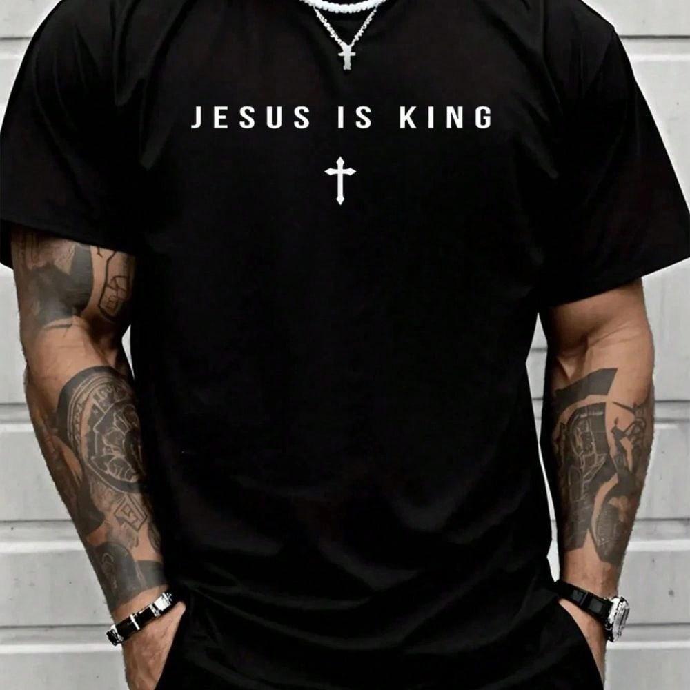 Fall Men T-Shirt Jesus Is King Cross Christian Minimalist Religious Christ T-Shirt Halloween Pumpkin Thanks Giving Family Funny Christmas Graphic