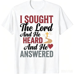 Christian Faith Graphic T-Shirt, I Sought The Lord And He Heard And He Answered Inspirational Cross Print Tee, Men's & Women's Casual Crew Neck Short Sleeve Religious Shirt, Bible Verse Gift for Chur