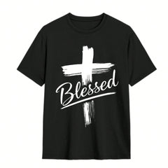 Men's Christian Faith T-Shirt With A Blessed Cross Print And Handwritten Lettering - Loose Fit, Crew Neck, Short Sleeve. Suitable For All Seasons