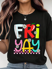 Friday, Women's T-Shirt, Colorful Letter Design With Flowers And Patterns, Pure Cotton T-Shirt, Casual Wear For Spring And Summer, Perfect For Weekend