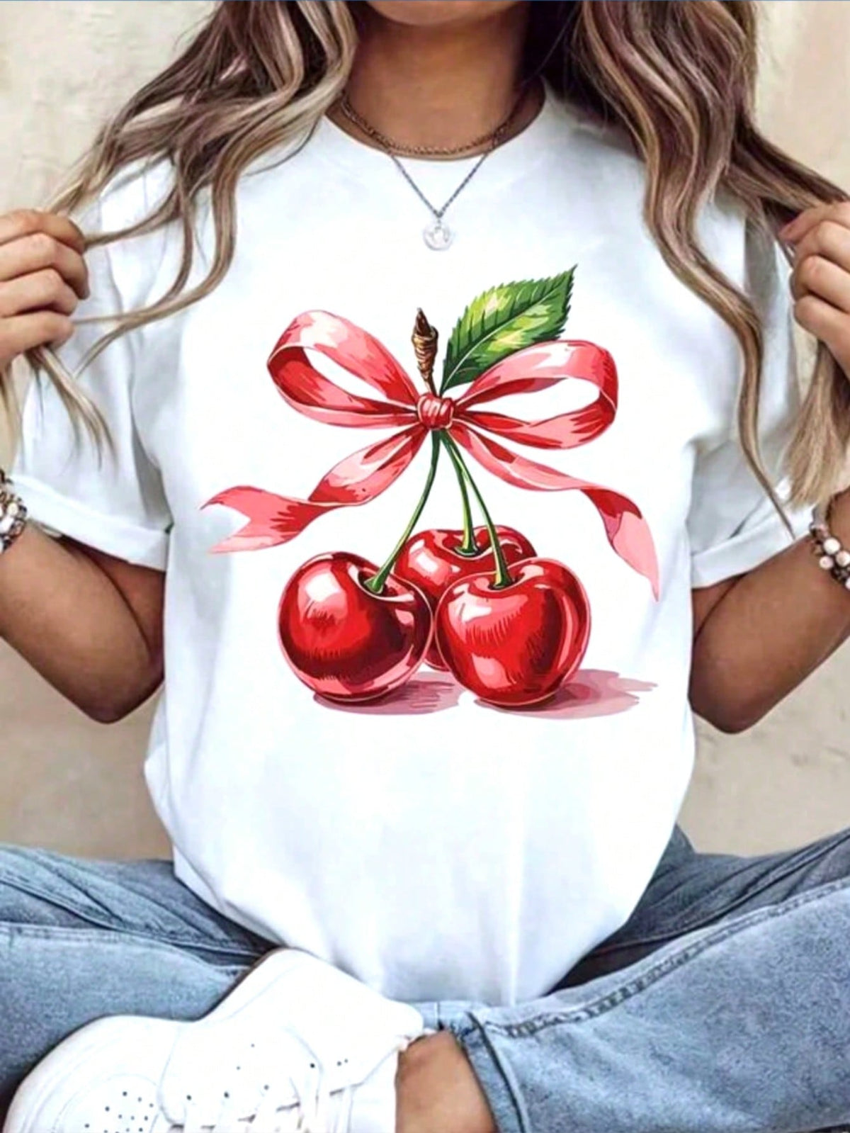 Women Round Neck T Shirt Cherry With Red Ribbon Print Short Sleeve Casual