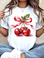 Women Round Neck T Shirt Cherry With Red Ribbon Print Short Sleeve Casual