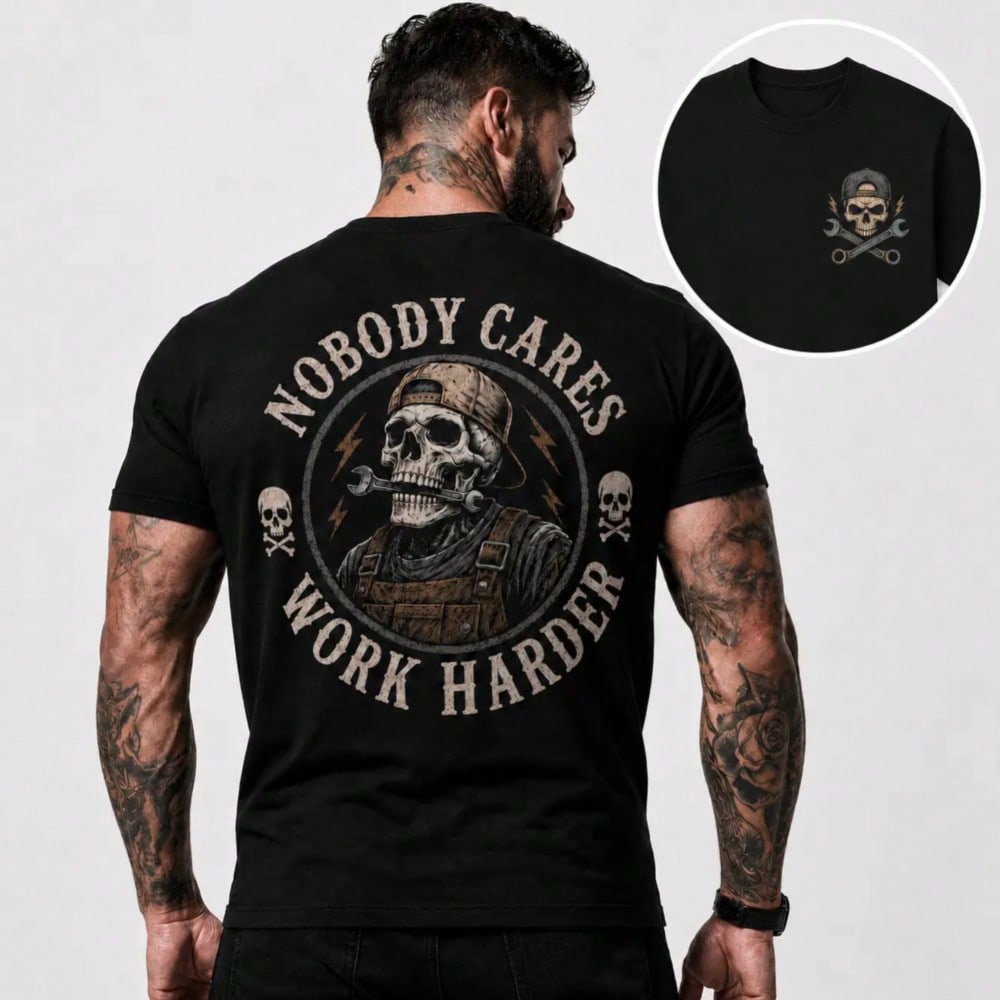 Nobody Cares Work Harder Skull Mechanic T-Shirt Vintage Graphic Men's Casual Tee