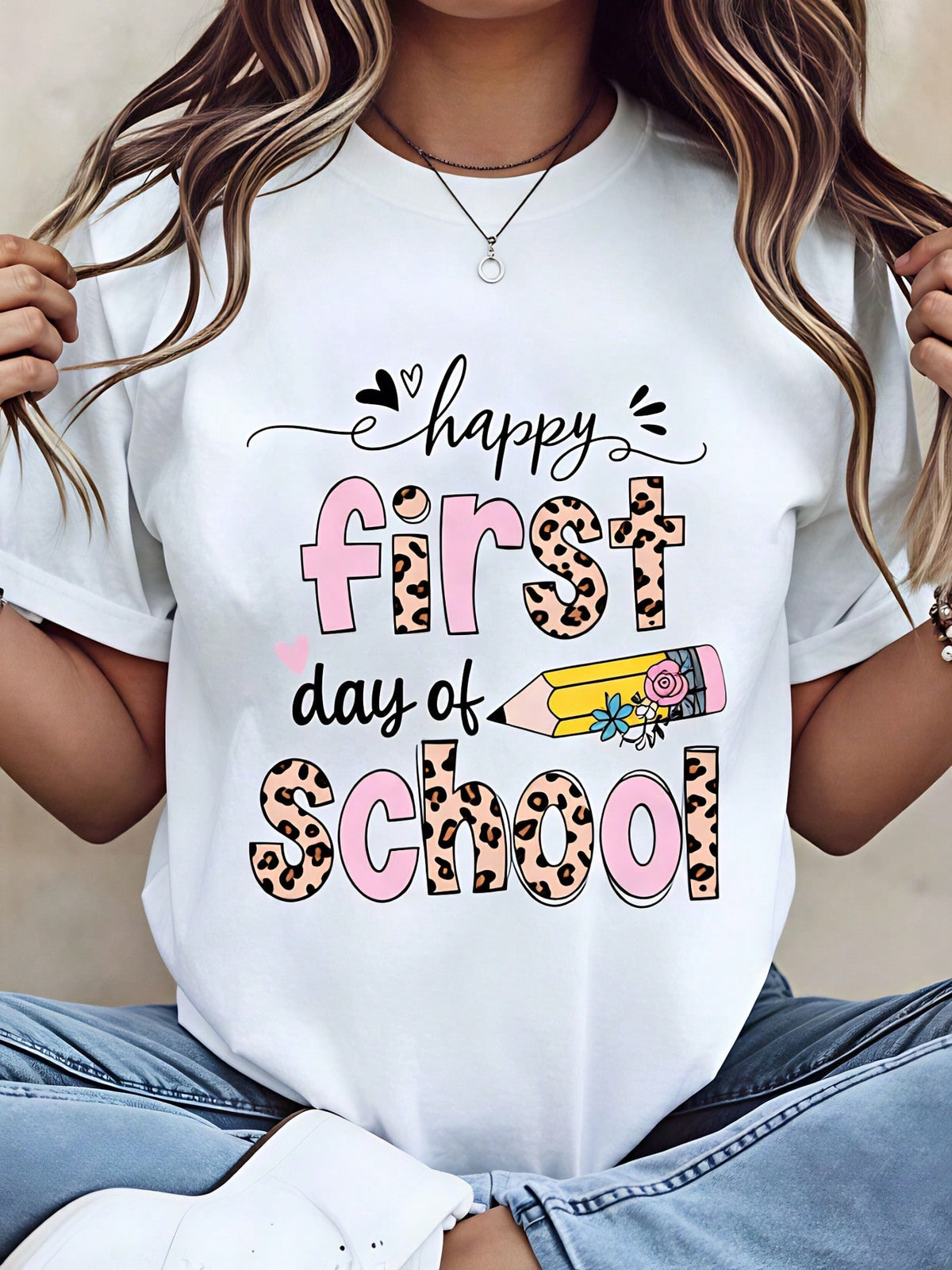 Happy First Day Of School, Women's T-Shirt, Leopard Print And Pencil Design, Pure Cotton T-Shirt, Back To School Season, For Teachers And Students