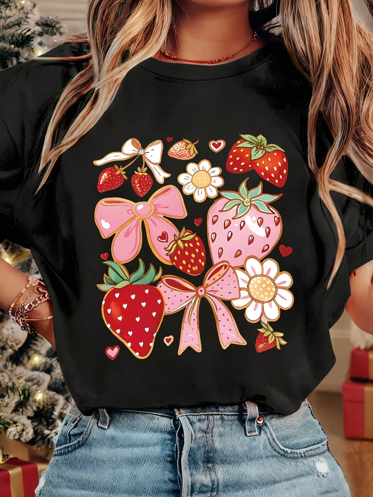 Women Crew Neck Tee 2026 New Strawberry Bow Print Comfy Casual Short Sleeve Top