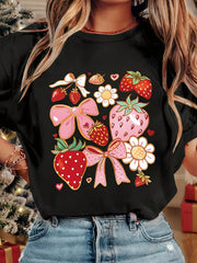 Women Crew Neck Tee 2026 New Strawberry Bow Print Comfy Casual Short Sleeve Top