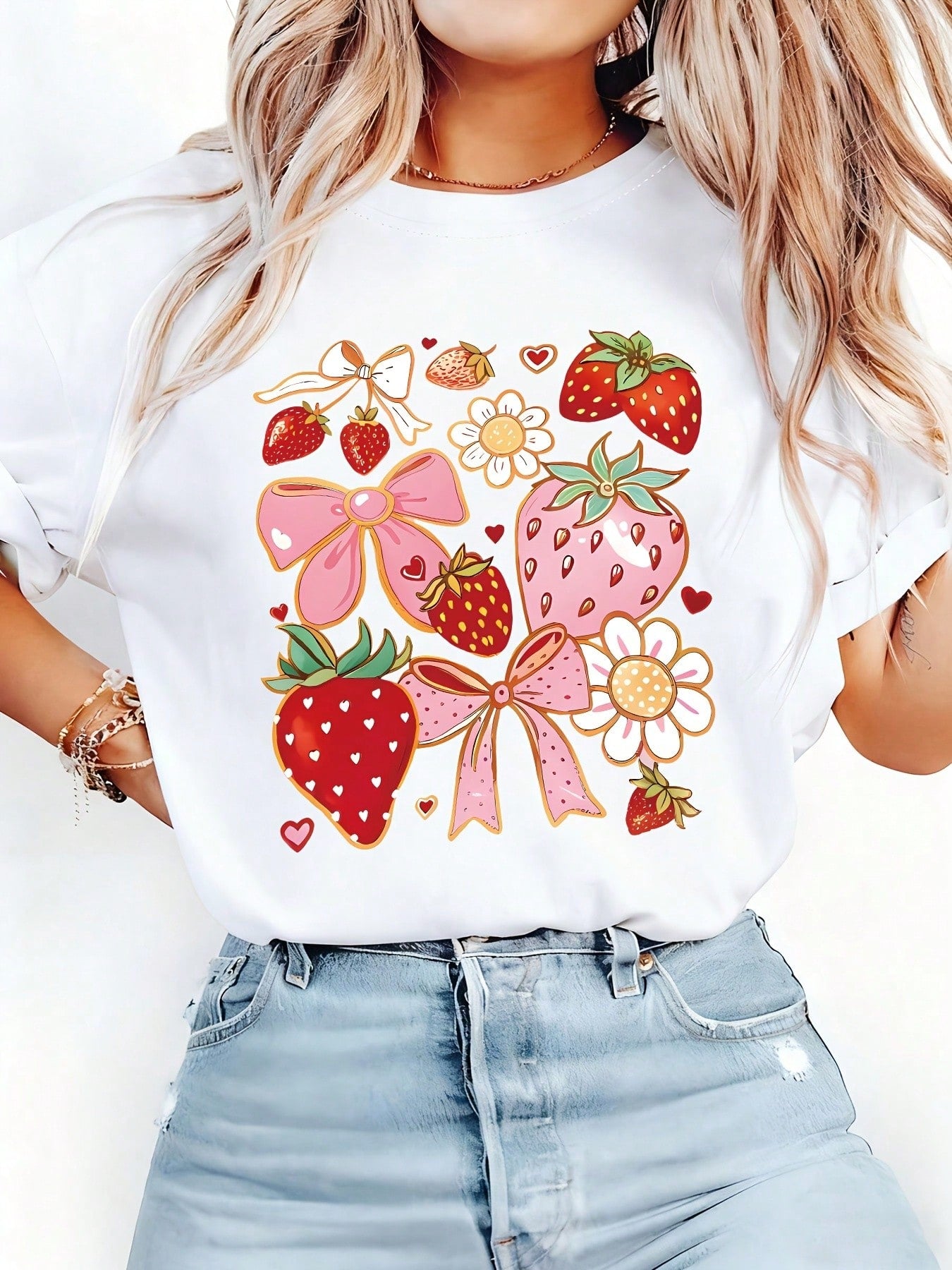 Women Crew Neck Tee 2026 New Strawberry Bow Print Comfy Casual Short Sleeve Top