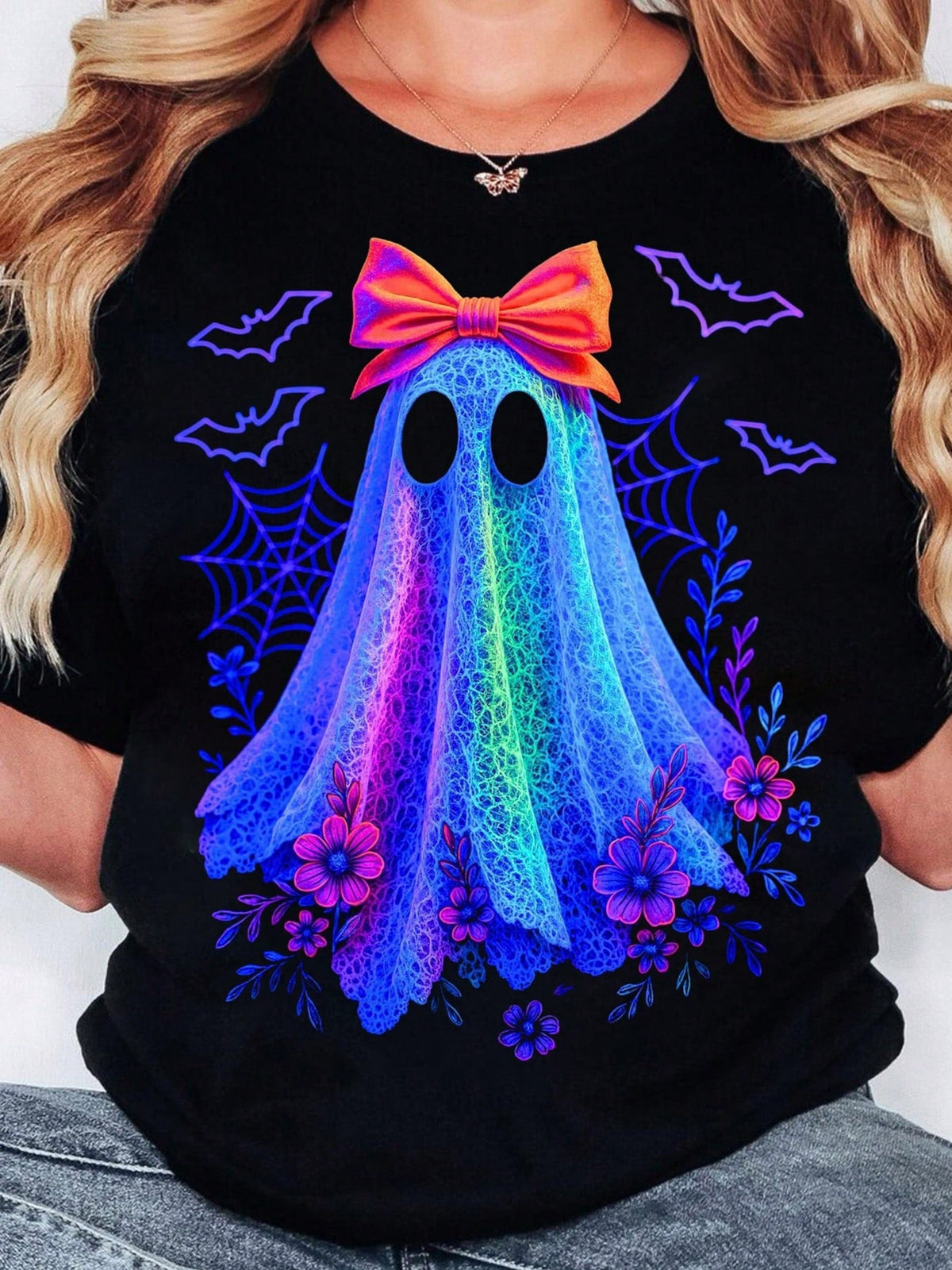 Women Halloween Ghost Doll Bow Letter Print Crew Neck Short Sleeve Tee