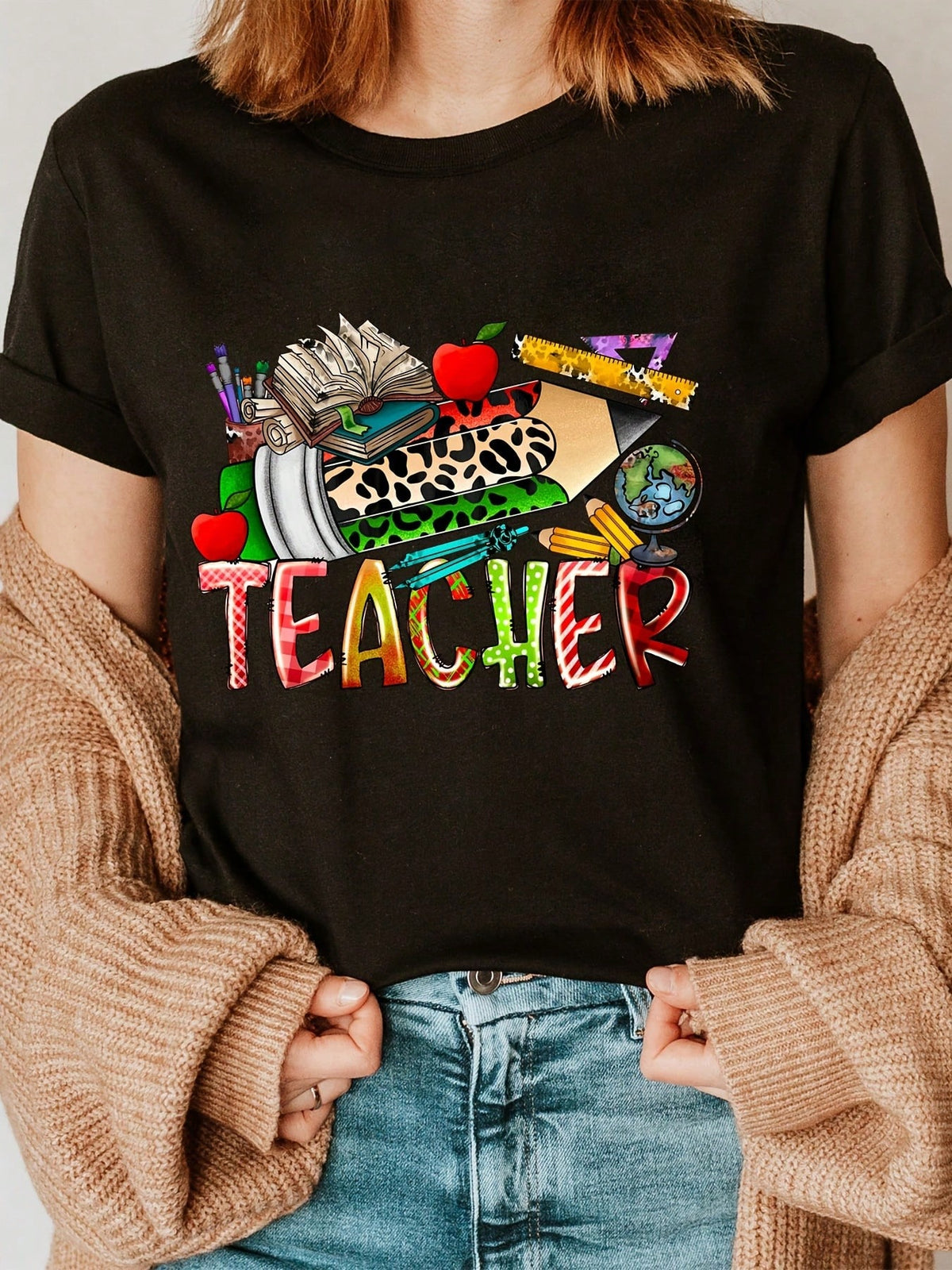 Teacher's Day Printed Round-Neck T-Shirt, Short-Sleeved Casual Top For Summer And Spring
