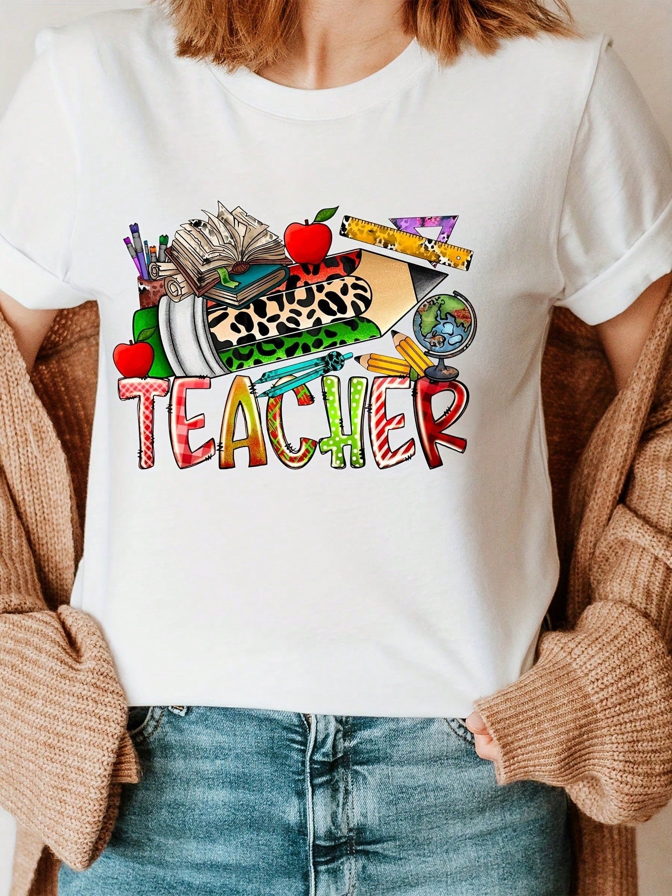 Teacher's Day Printed Round-Neck T-Shirt, Short-Sleeved Casual Top For Summer And Spring