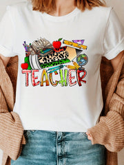 Teacher's Day Printed Round-Neck T-Shirt, Short-Sleeved Casual Top For Summer And Spring