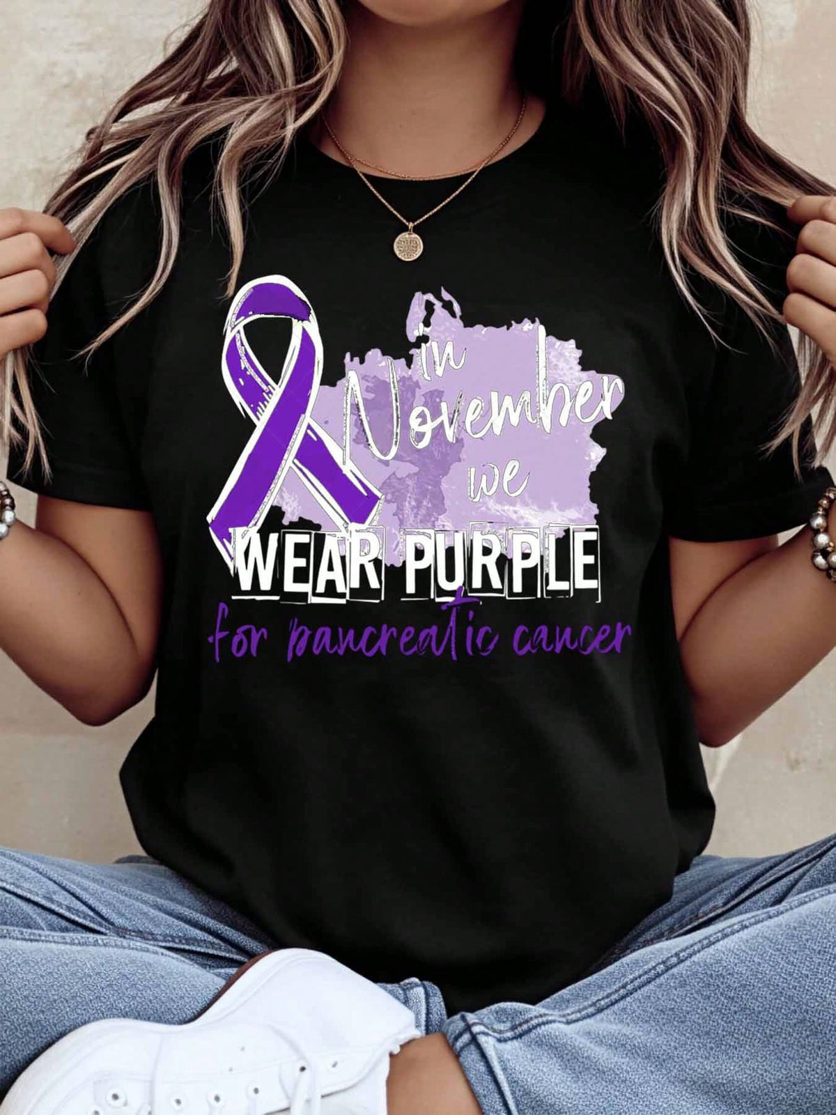Women Casual Short Sleeve T Shirt In November We Wear Purple For Pancreatic Cancer Awareness Ribbon Graphic Digital Print Daily Wear
