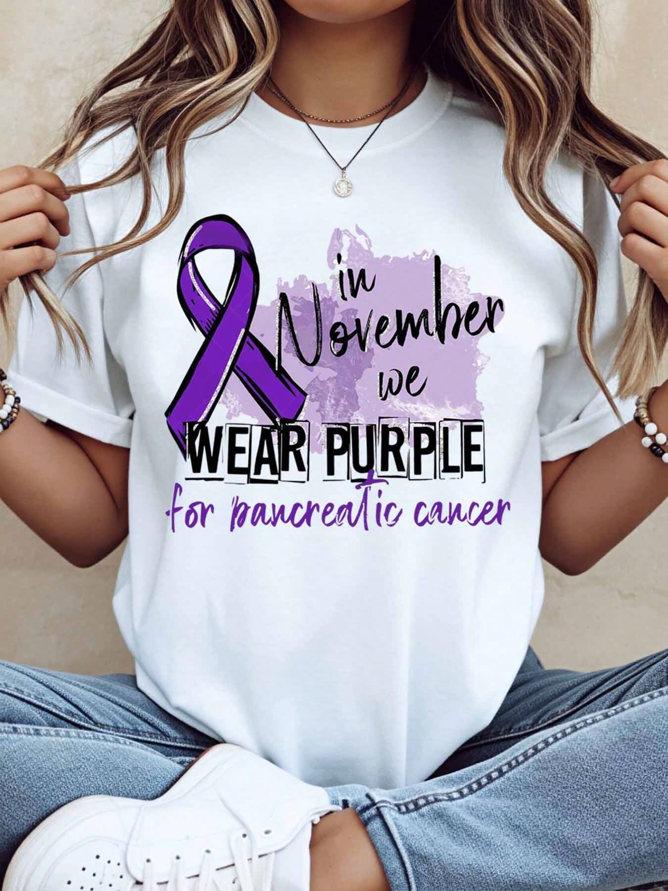 Women Casual Short Sleeve T Shirt In November We Wear Purple For Pancreatic Cancer Awareness Ribbon Graphic Digital Print Daily Wear