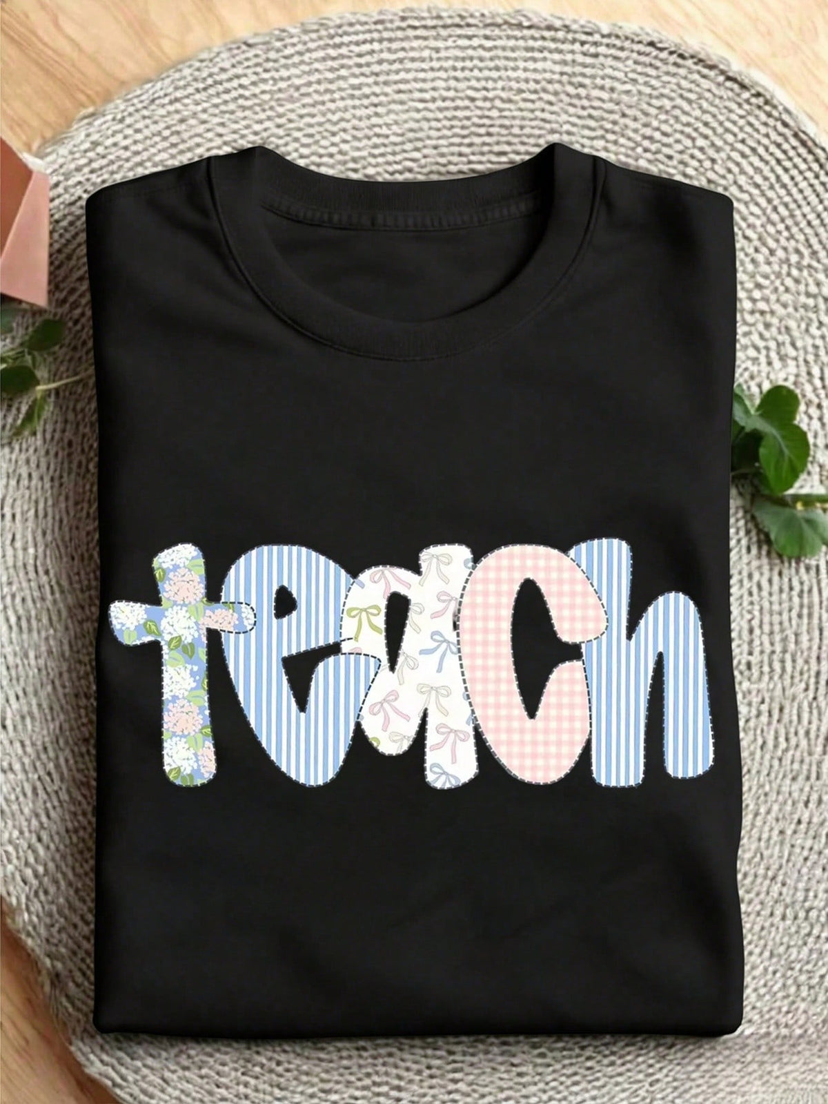 Women Coquette Teach Letter Graphic Crew Neck Short Sleeve T-Shirt, Cute Floral Bow Patchwork Print Casual Tee For Teacher Daily Wear