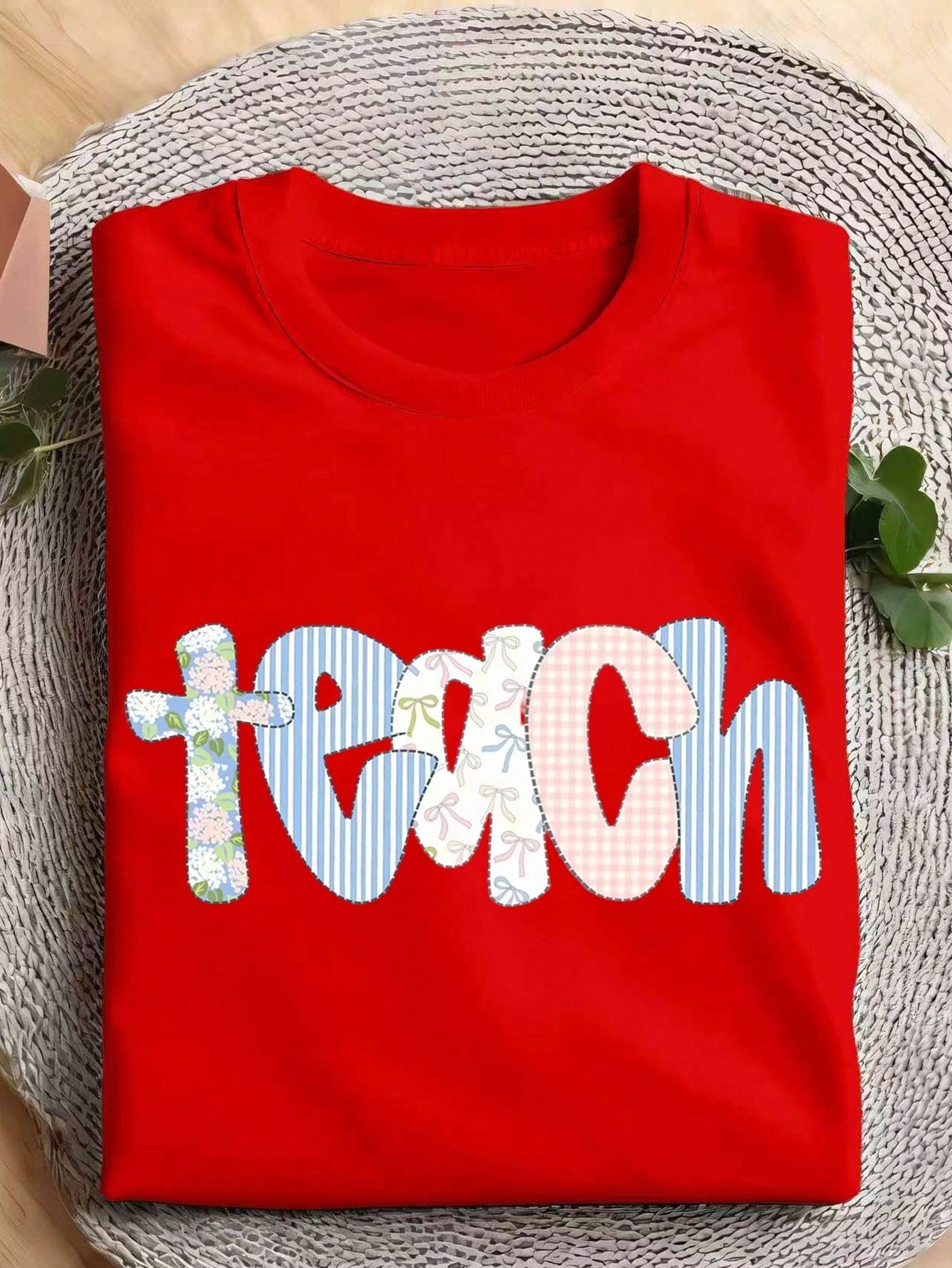 Women Coquette Teach Letter Graphic Crew Neck Short Sleeve T-Shirt, Cute Floral Bow Patchwork Print Casual Tee For Teacher Daily Wear