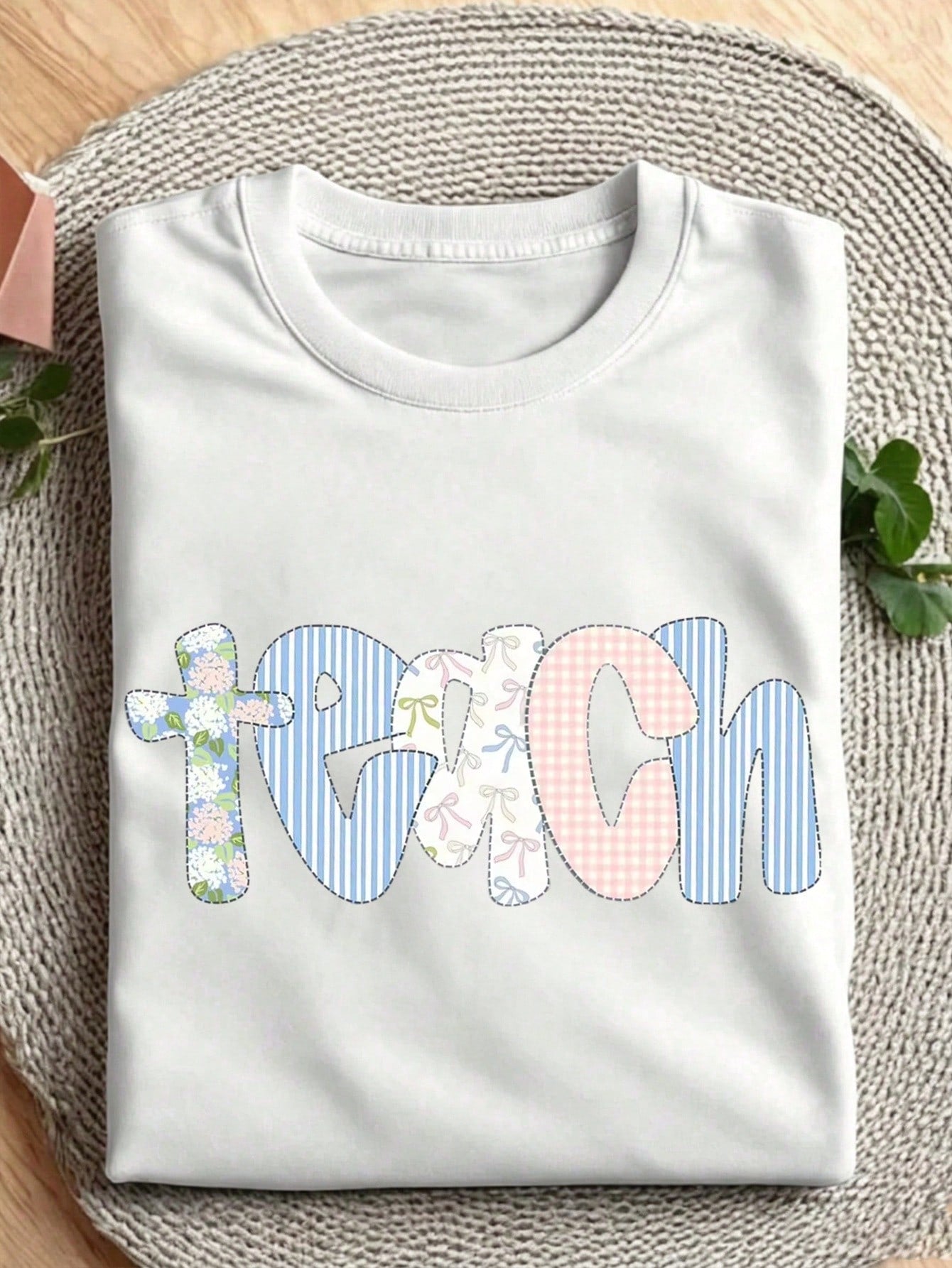 Women Coquette Teach Letter Graphic Crew Neck Short Sleeve T-Shirt, Cute Floral Bow Patchwork Print Casual Tee For Teacher Daily Wear